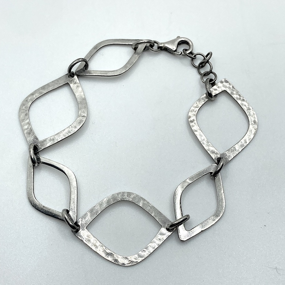 VTG Sterling Silver Geometric Diamond Shape Link Hammered Texture Bracelet 7.5”